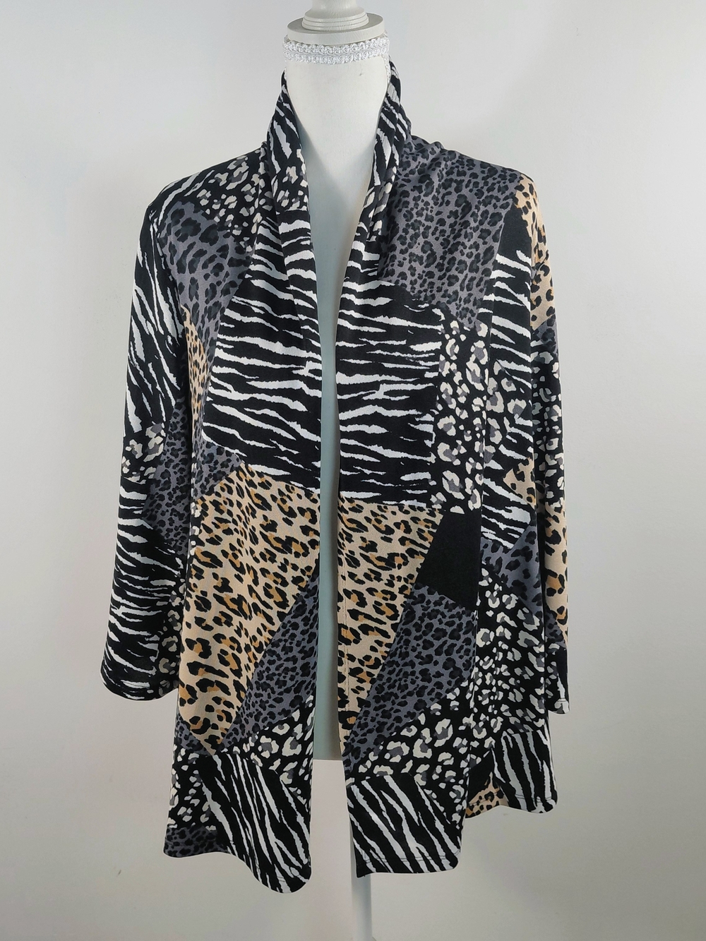 Kasper Cardigan M Open Front‎ Mixed Animal Print Zebra Leopard Whimsigoth Indie